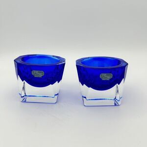 J‎ G Durand Cristal Votive France Cobalt Blue Clear Salt Cellar Dish Holder Vtg